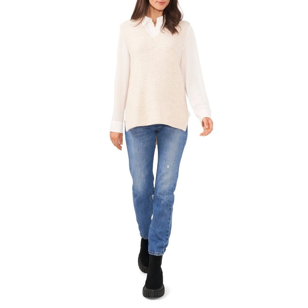 Vince Camuto Cream Shaker Vest V-Neck with High Low Hem Sweater Size M LNC - Picture 1 of 4